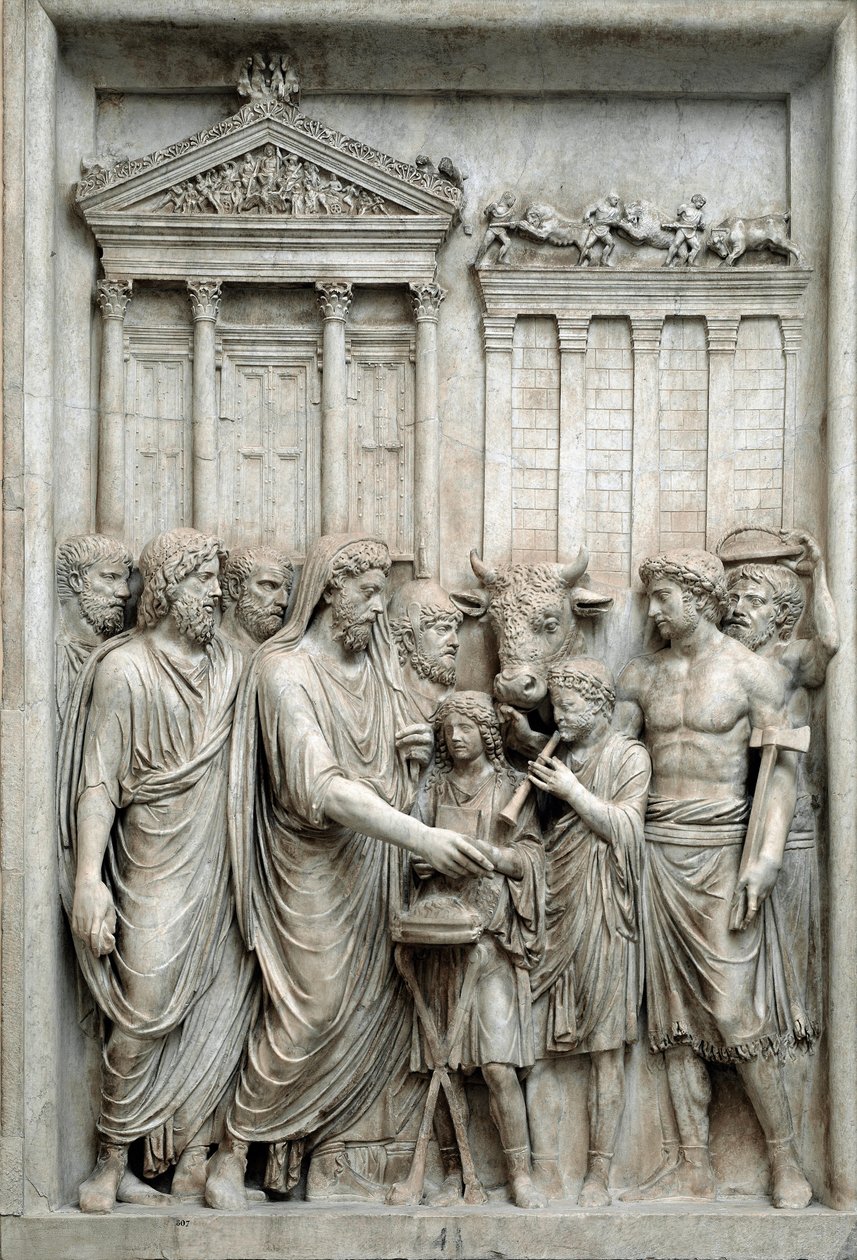 Římský císař Marcus Aurelius obětující před Jupiterovým chrámem, Řím, cca 161-180 (mramorový reliéf) od Roman