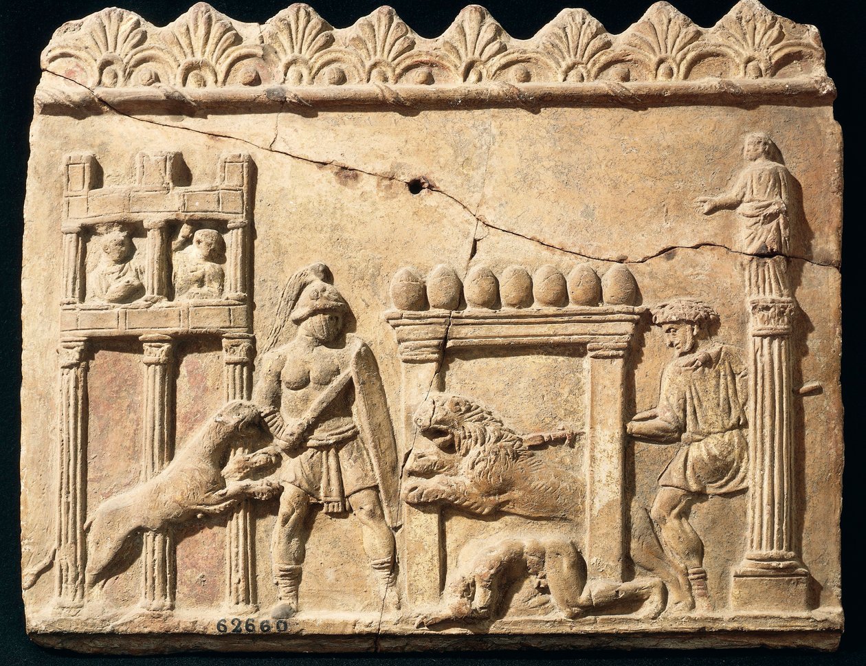 Římský reliéf zobrazující lvy a gladiátory bojující v cirkuse od Roman