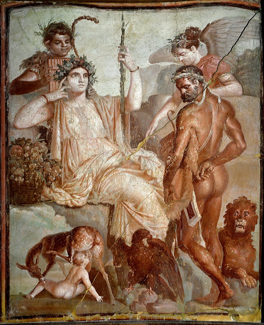 Římské umění: „“ Herakles najde svého syna Telepha (Telephu) na horách Arkádie““ Římská freska z místa Herculanum (Ercolano), 70 n. l., Dim. 216x185 cm - Neapol, Museo Archeologico Nazionale - Héraklés našel svého syna Telefa v pohoří A. od Roman