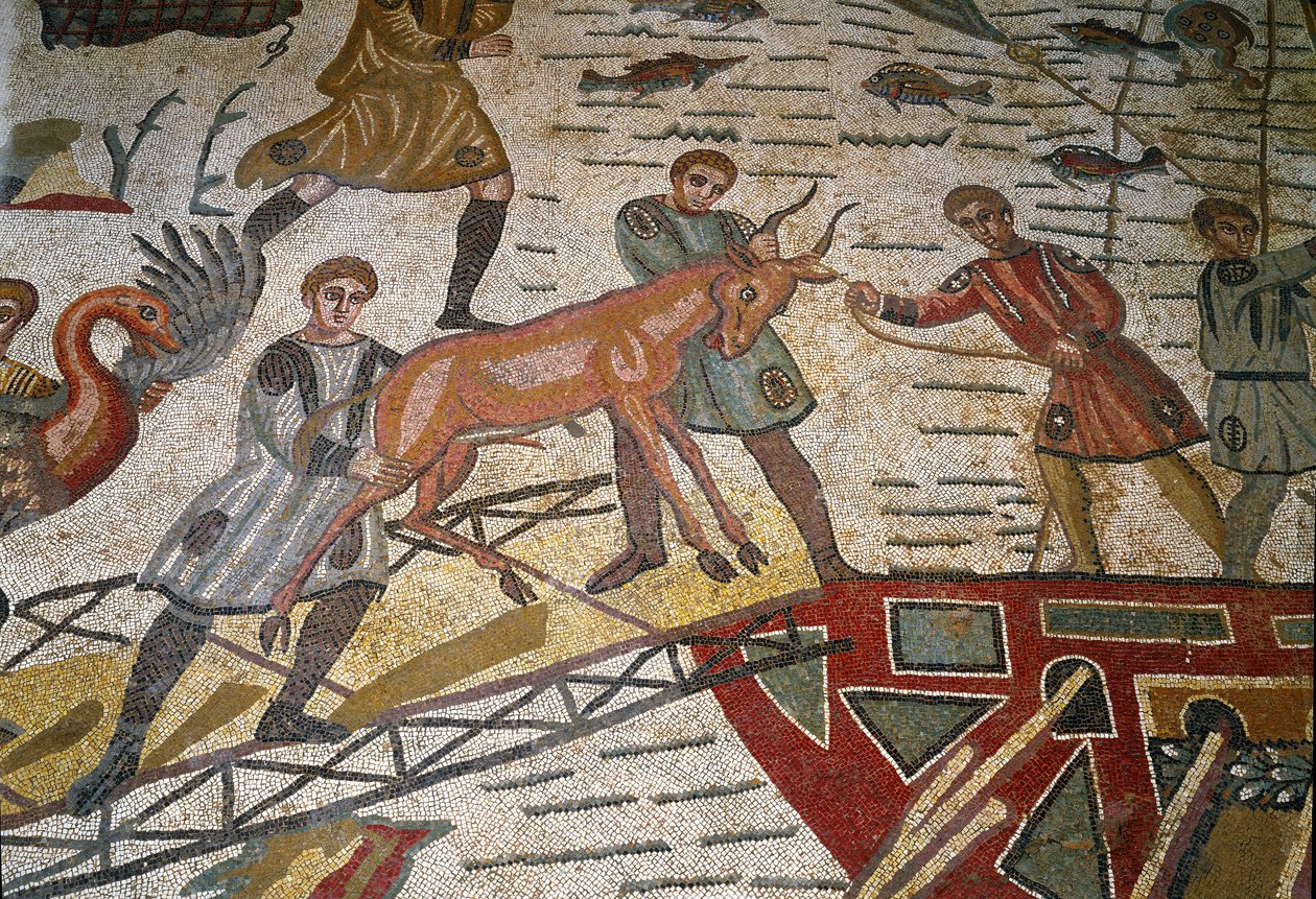 Římské umění: detail mozaiky „“Hlavní lovecká část““ Gazely se nakládají na lodě. 315-350 našeho letopočtu. Piazza Armerina, Villa Romana del Casale od Roman