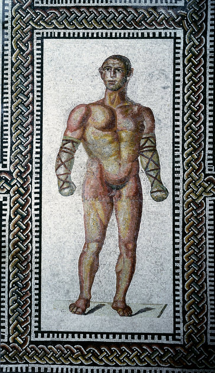 Římské umění: Gladiátorská mozaika na chodníku z lázní Caracalla. 212 nl Řím, Národní římské muzeum (nebo Terme) - římské umění: gladiátor. Podlahová mozaika z lázní Caracalla. 212 našeho letopočtu. Řím, Národní římské muzeum (nebo Terme) od Roman