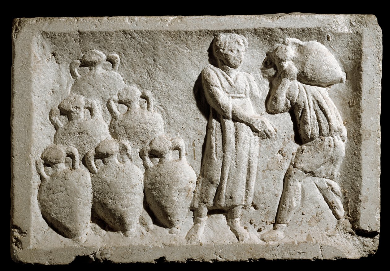 Římské umění: „“ nakládání a ukládání džbánů na víno“““ Reliéf. 2. století našeho letopočtu. Řím, Muzeum římské civilizace od Roman