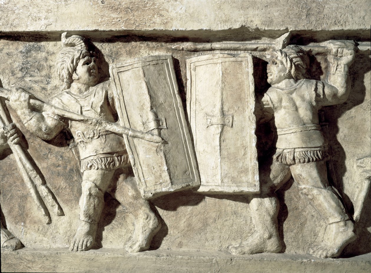 Římské umění: nízký reliéf představující bitvu gladiátorů. 1. století našeho letopočtu. Řím, Museo della Civilta Romana od Roman