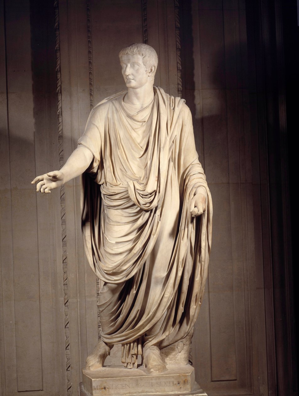 Římské umění: mramorová socha císaře Tibere (Tiberio Claudio Nerone, 42 př. n. l.-37 n. l.), římského císaře. Slunce 2 m. Paříž, muzeum Louvre od Roman