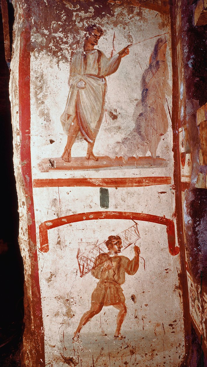 Římské umění: zázrak zdroje a zázrak války ochrnutých. Fresky. Konec 3. století po JC. Řím, katakomby San Marcellino a Pietro (Peter a Marcellin) - římské umění. Zázrak zdroje a zotavení paralytika. Fr od Roman