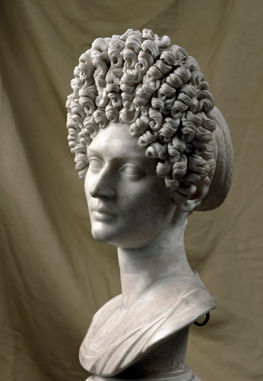 Římské umění: portrét dámy z flaviovského období. 80-100 našeho letopočtu. Mramorová socha. Ztlumit. 38 cm. Řím, Musei Capitolini od Roman