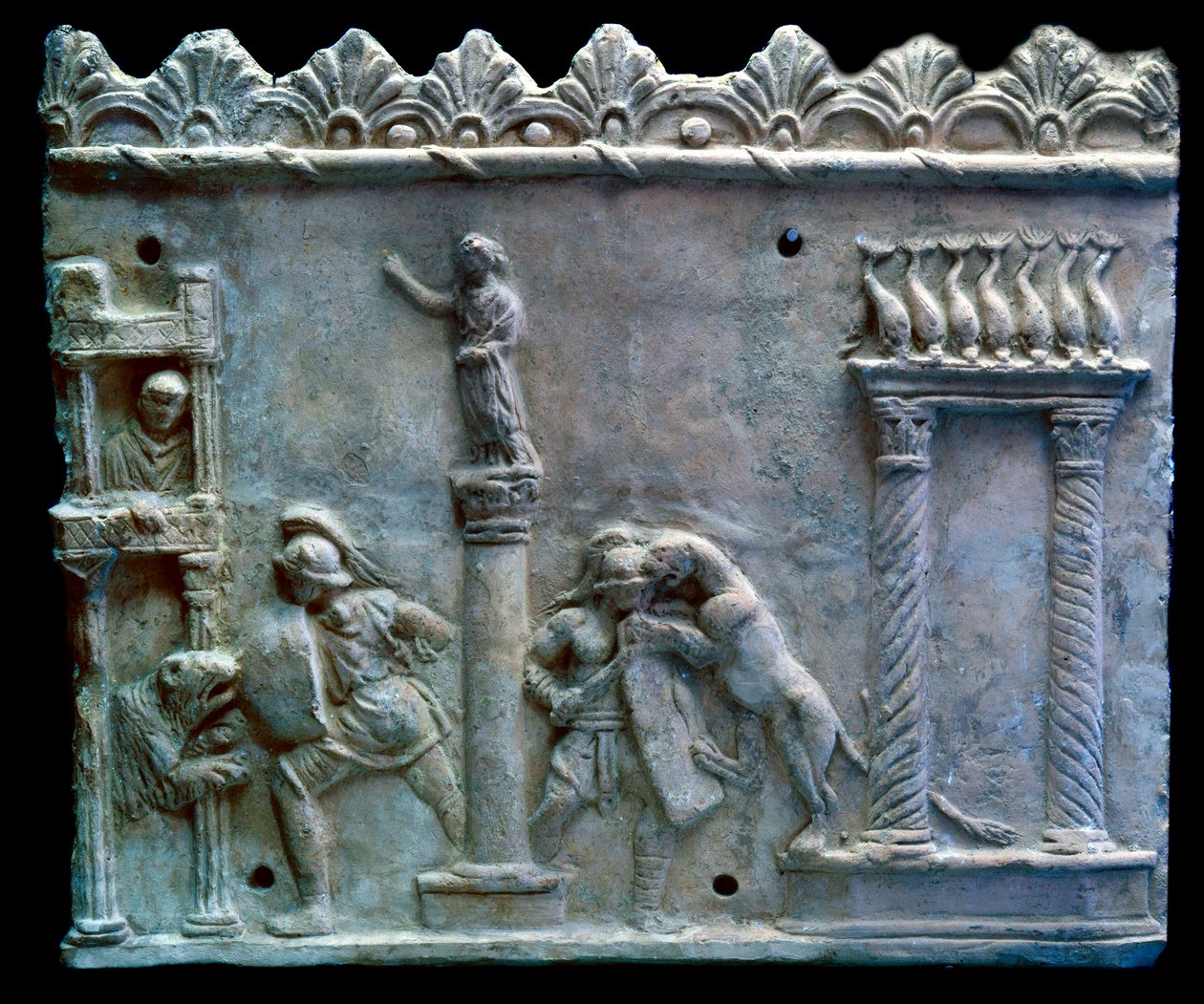 Římské umění: scéna boje gladiátorů proti šelmám nebo venatio. 1. století před naším letopočtem. Ženeva, Muzeum umění a historie od Roman