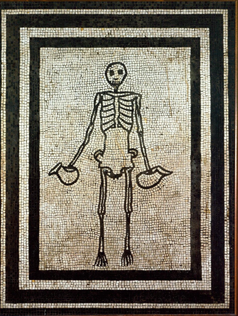 Římské umění: kostra držící dva džbány. Mozaika 1. století. Neapol, museo nazionale archeologico - římské umění: kostra držící dva džbány. Mozaika 1. století z Pompejí. Národní archeologické muzeum, Neapol, Itálie od Roman