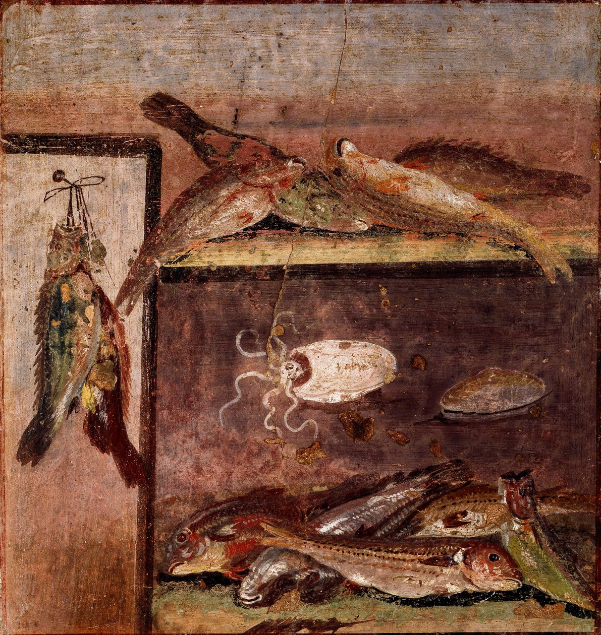 Římské umění: “”zátiší s rybami”” Freska z místa Pompeje. 1. století našeho letopočtu. Neapol, Museo Archeologico Nazionale od Roman