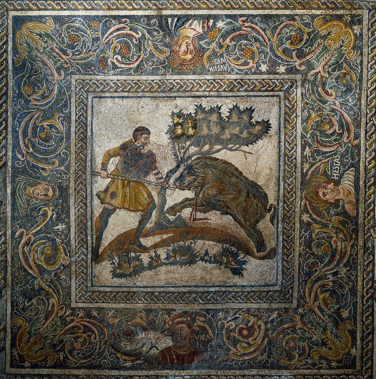 Římské umění: „“ lov divočáků“““ Mozaika ze 4. století našeho letopočtu z římské vily Las Tiendas. Merida, Museo Nacional de Arte Romano, Španělsko od Roman