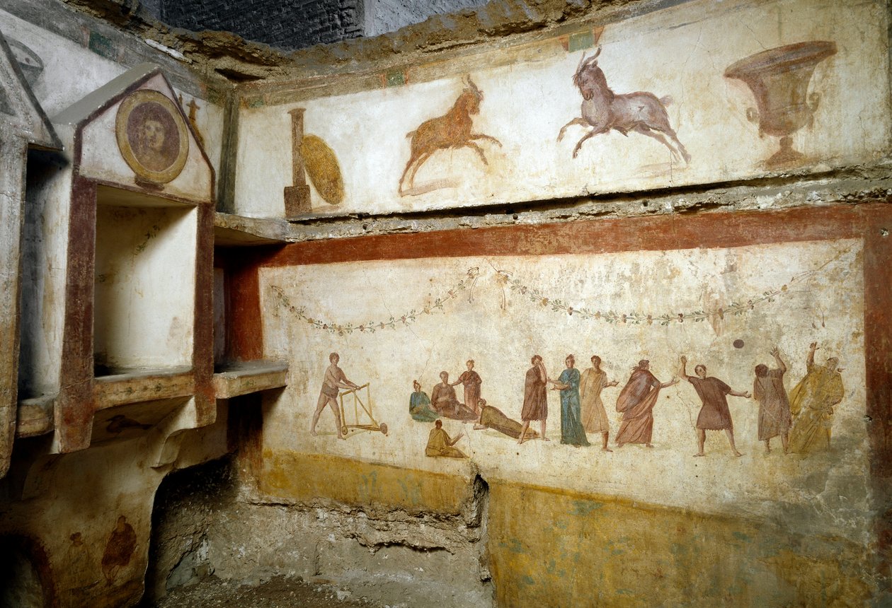 Římské umění: fresky „hraní mladých lidí“““ zdobící hrobku Via portuense. 2. století. Slunce. h. 90 cm Řím, Museo Nazionale Romano (o delle Terme) Itálie od Roman