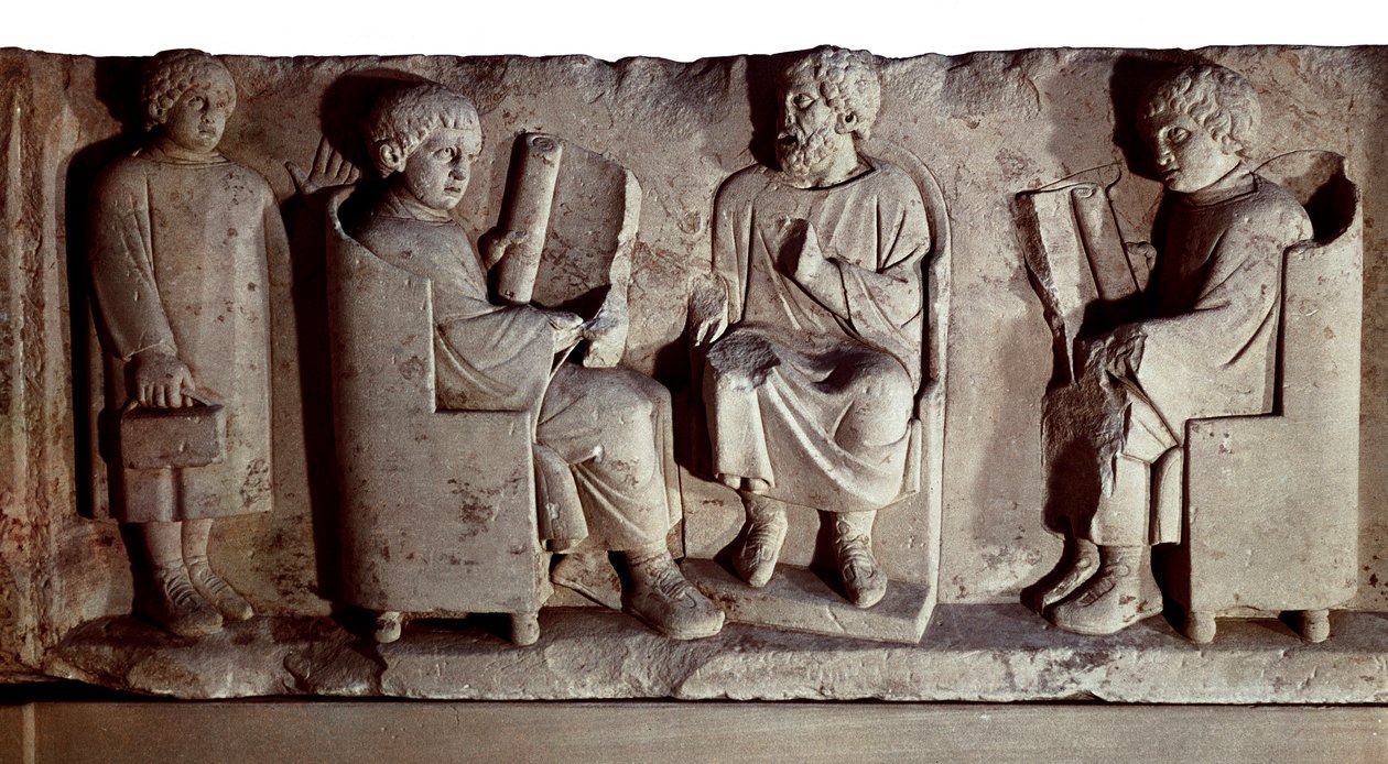 římská civilizace. Reliéf zobrazující školní scénu. Trevír, dříve známý v angličtině jako Treves je město v Německu na břehu Mosely, dobyté Římany v posledním 1. století před naším letopočtem a přejmenováno na Trevorum od Roman