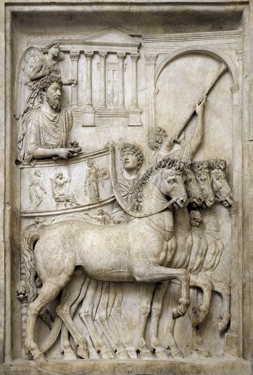 Římský císař Marcus Aurelius na svém triumfálním vozíku, 2. století (mramorový reliéf) od Roman