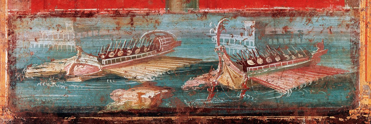 Římské válečné lodě u vjezdu do přístavu (freska od Roman