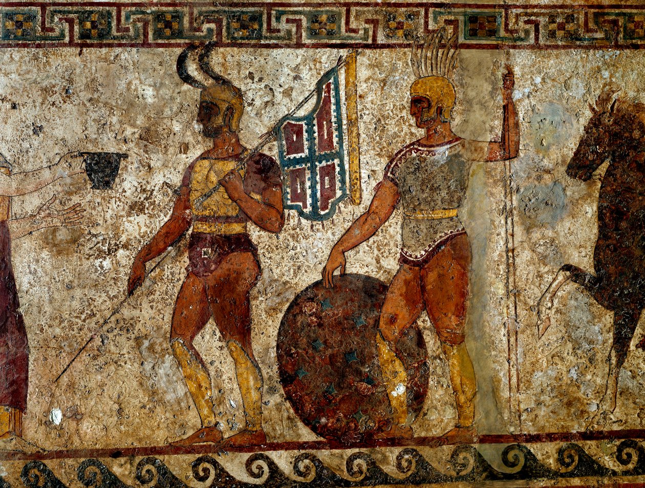 Samnitští válečníci. Náhrobní malba ze 4. století př. n. l. z místa Paestum v Itálii. Freska. Rozměr: 112 x 199 cm. Inv. 9363. Museo nazionale archeologico, Neapol (Archeologické muzeum Neapole). - Samnitští válečníci. Náhrobní malba. 4. století před naším od Roman
