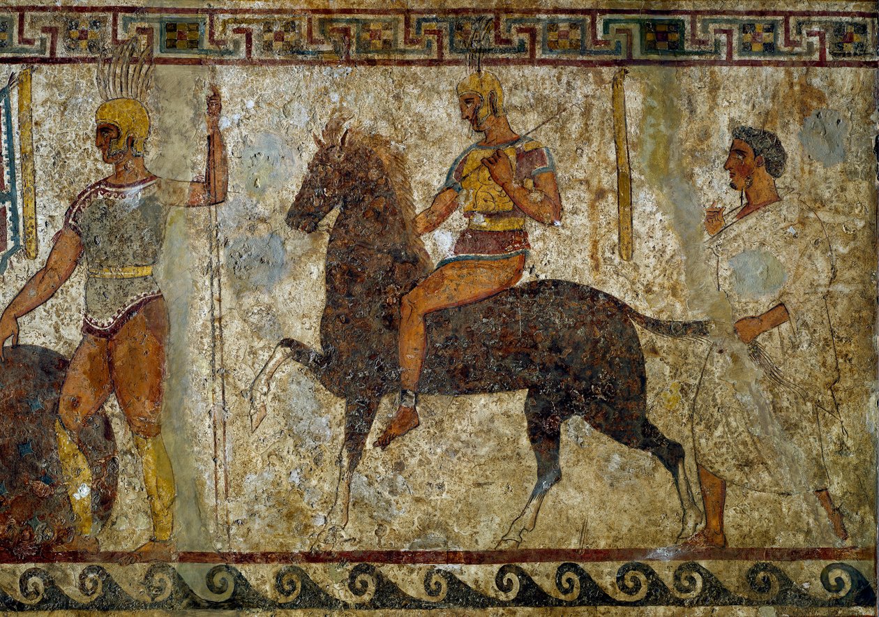 Samnitští válečníci a jezdci. Náhrobní malba ze 4. století př. n. l. z místa Paestum v Itálii. Freska. Rozměr: 112 x 199 cm. Inv. 9363. Museo nazionale archeologico, Neapol (Archeologické muzeum Neapole). - Samnitští válečníci a jezdci. Náhrobní malba. 4 od Roman