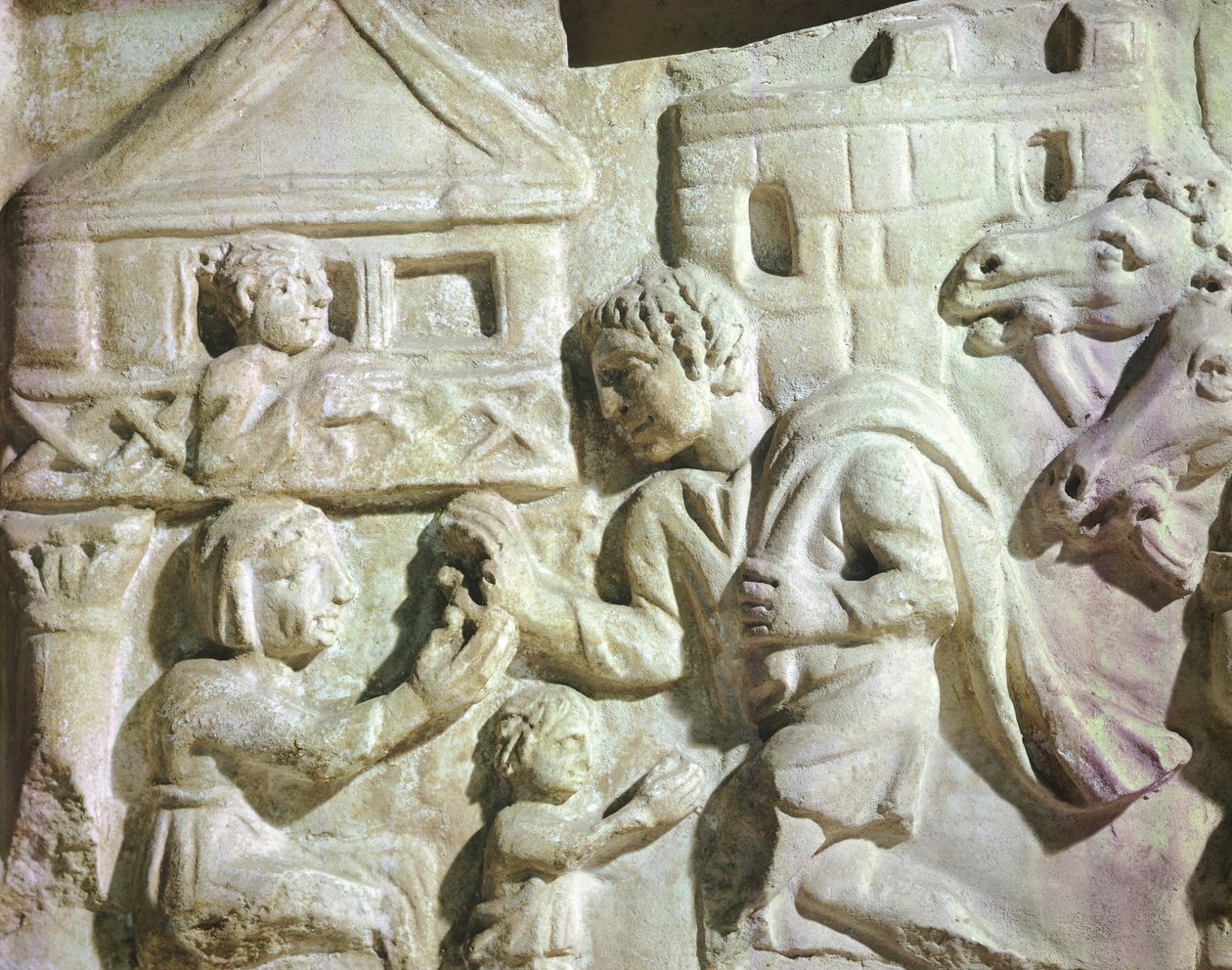 Scéna lovu jelena se sítí, římská skarkofága, 4. století (reliéf) od Roman