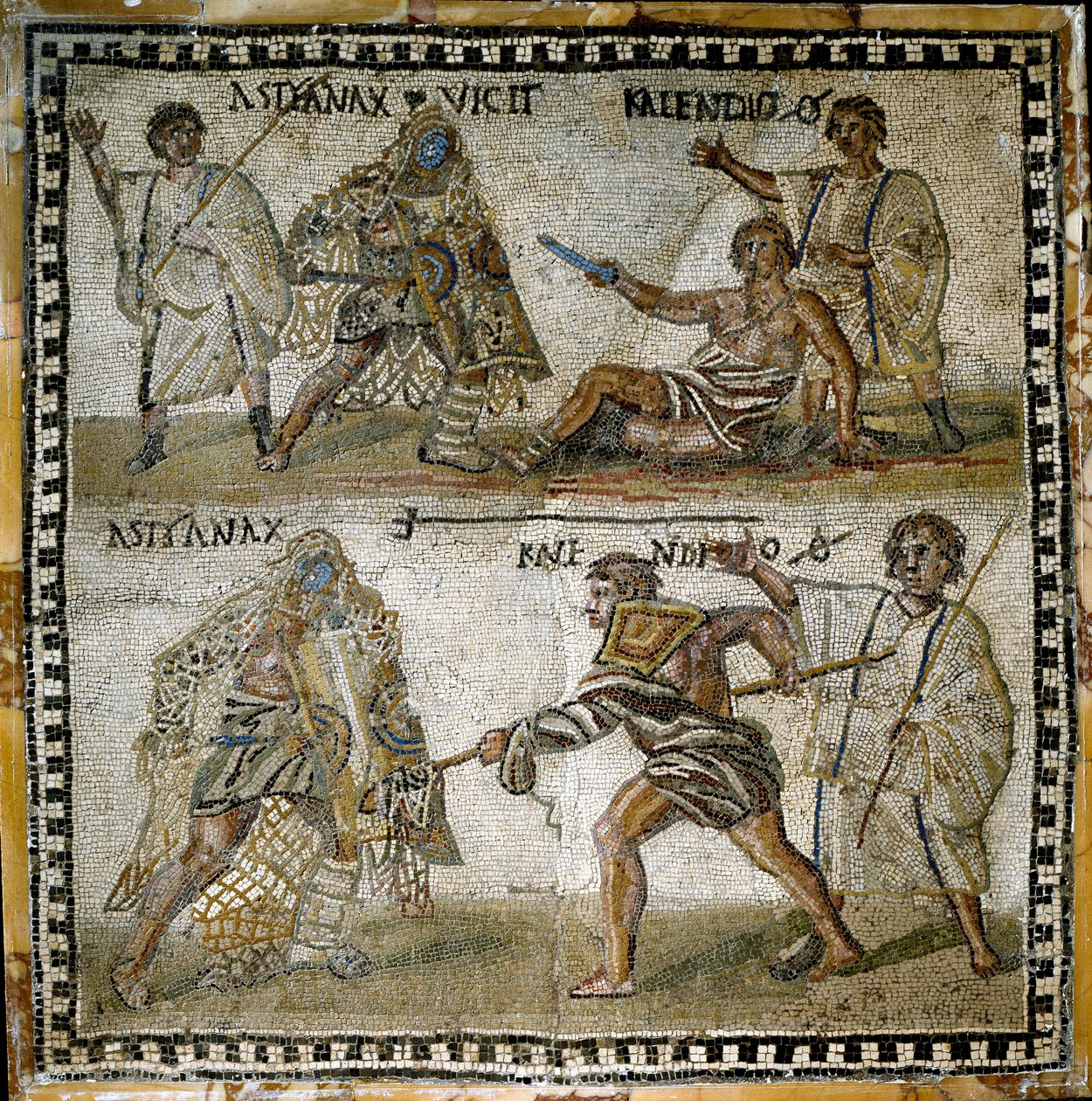 Scéna gladiátorských zápasů mezi retiářem a sekutorem, 4. století (mozaika) od Roman