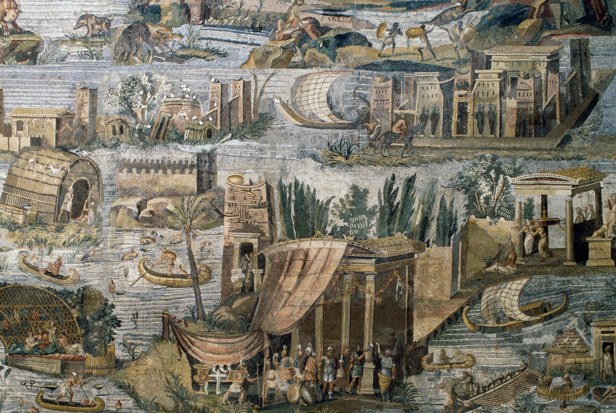 Chrámy podél řeky Nilu, detail z nilotské mozaiky záplav řeky Nilu v Egyptě, ze svatyně Fortuna Primigenia v Palestrině, Lazio, Itálie, římská civilizace od Roman