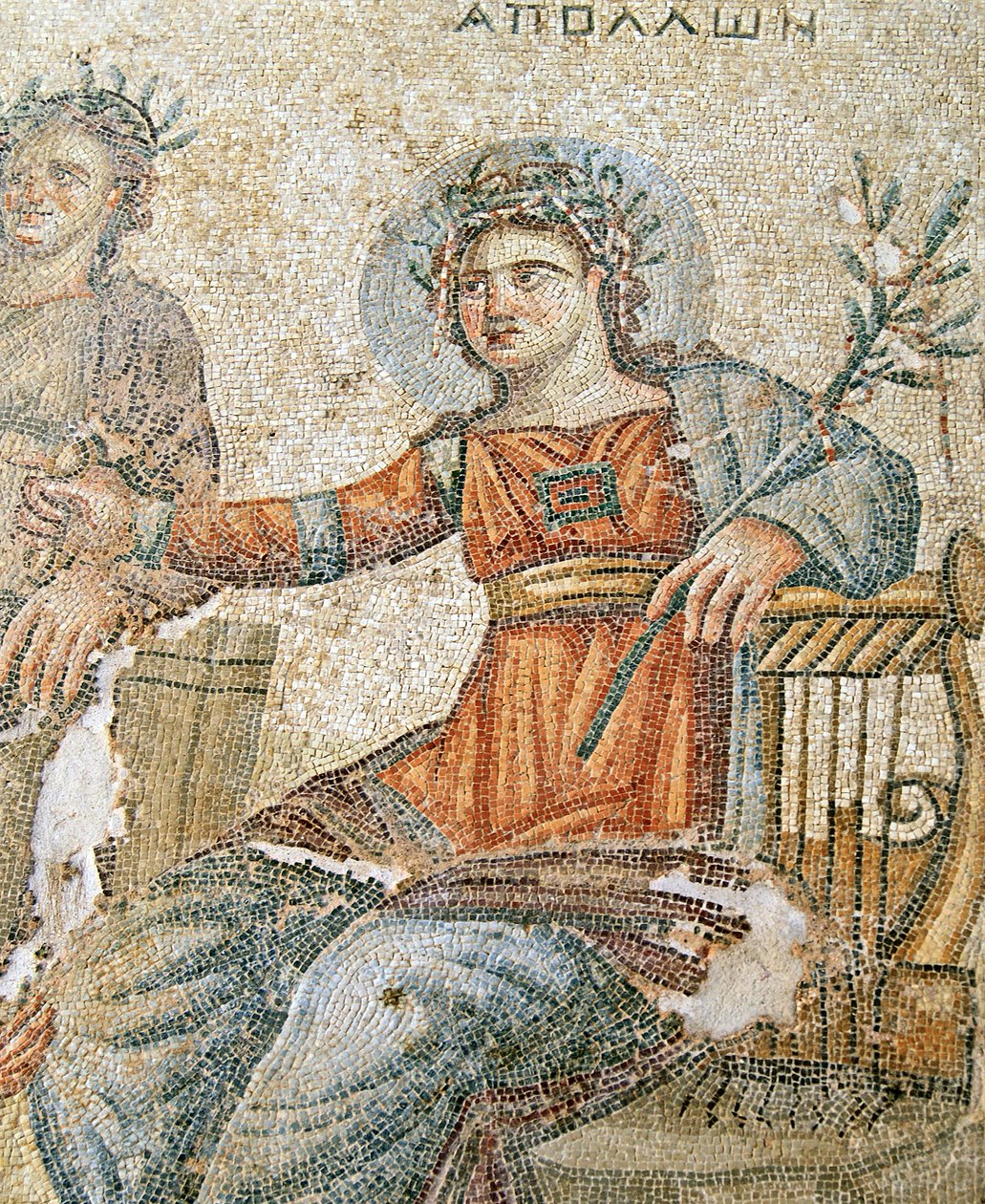 Mozaika Apollo a Marsyas, detail Plinius a Apollo, House of Aion, Paphos, Kypr mozaika od Roman