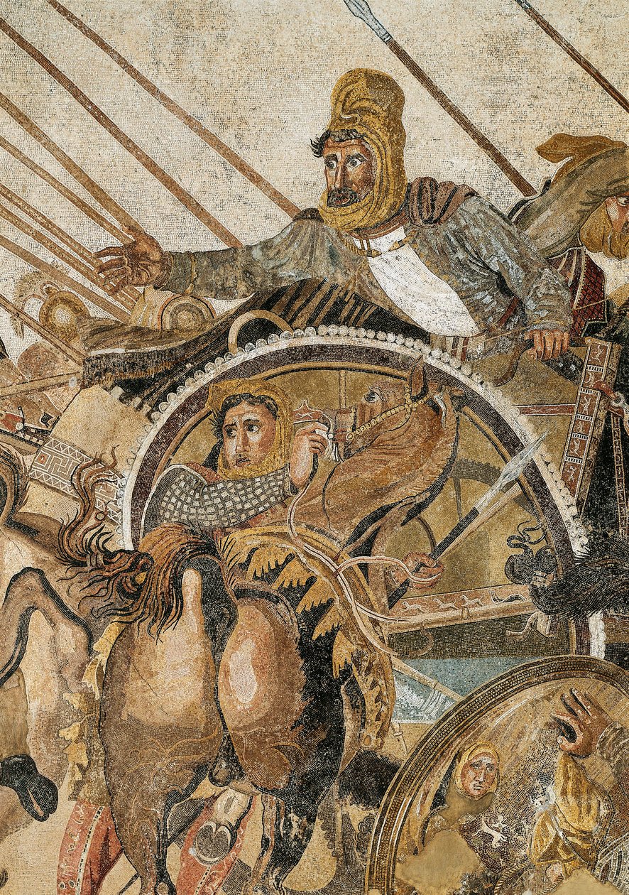 Bitvu u Issosu vyhrál Alexandr III. Veliký proti Dariovi (Dariovi) III. Codomanovi (335 - 331 př. n. l.) Mozaika z Pompejí. Detail. Národní archeologické muzeum, Neapol. (Z Pompejí, Faunův dům) od Roman