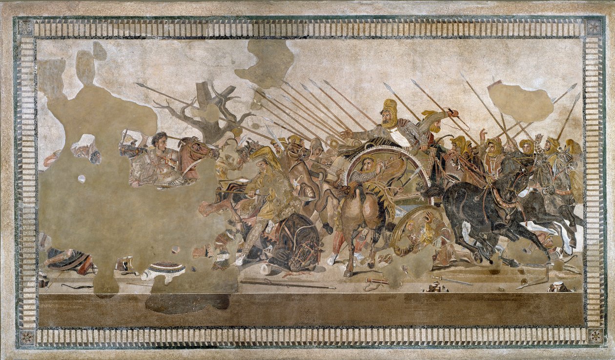 Bitva u Issosu, kterou vyhrál Alexandr III. Veliký proti Dariovi (Dariovi) III. Codomanovi (335 - 331 př. n. l.) - Mozaika z Pompejí - od Roman