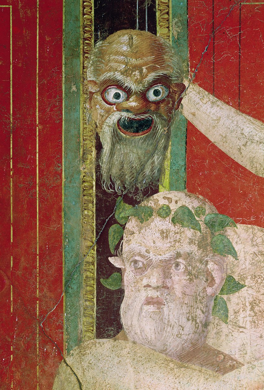 Hlava staršího Silena, nad kterou je maska Silenus, východní zeď, Oecus 5, 60-50 př.n.l. od Roman