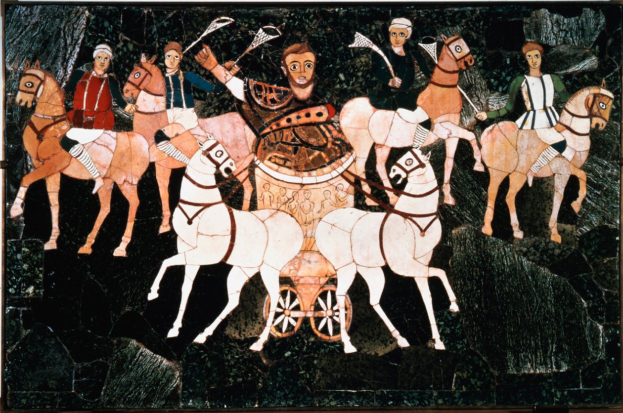 Římský konzul Julius Annius Bassus představuje na detailu kvadrigu pracovní desky stile ze 4. století. Bazilika Junius Bassus (Basilica of June Bassi), Esquilin v Římě. Zachovat v muzeu Conservatori, Řím od Roman