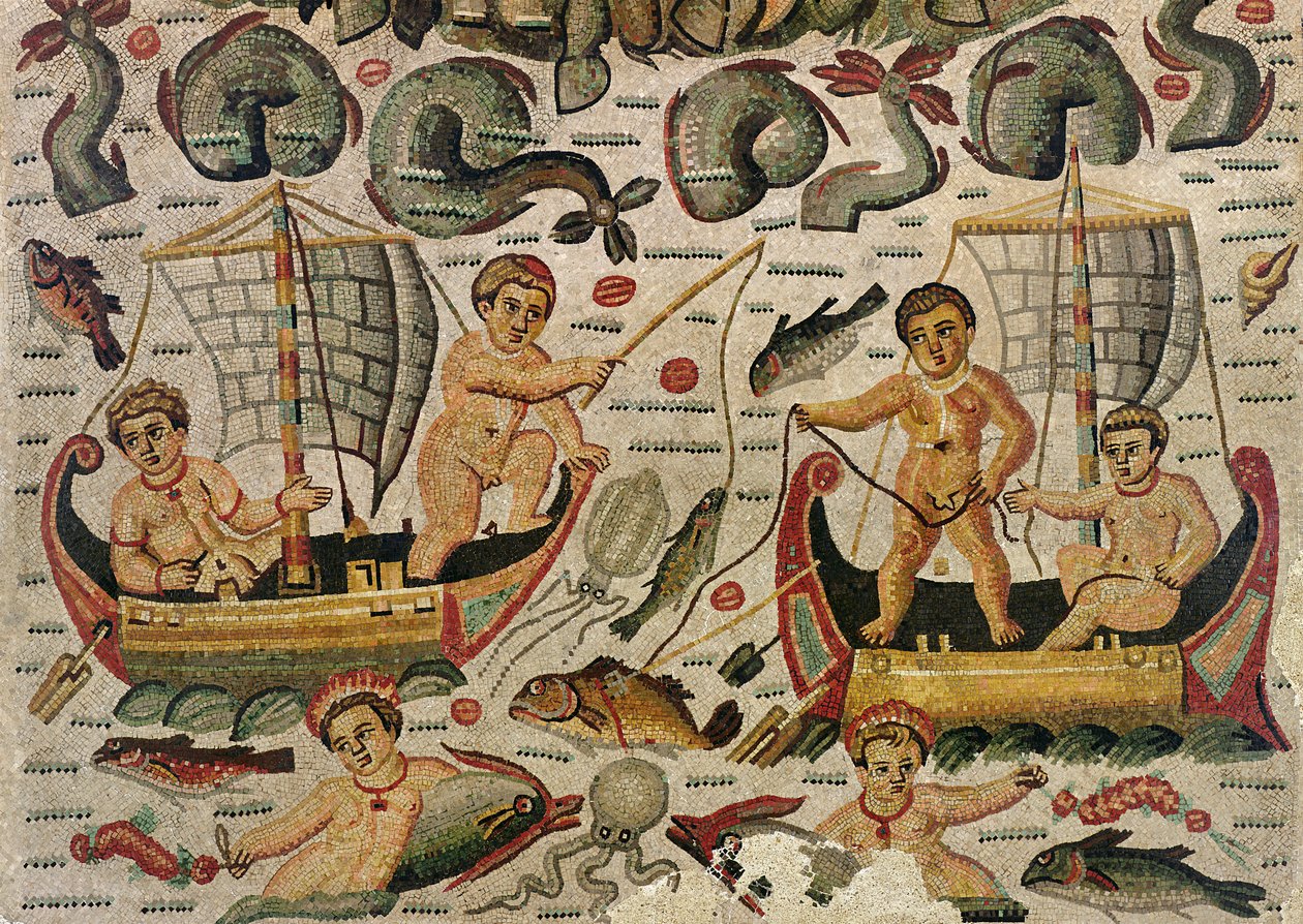 Triumf Neptuna a Amfitritu, detail mozaiky lovících amorů od Roman