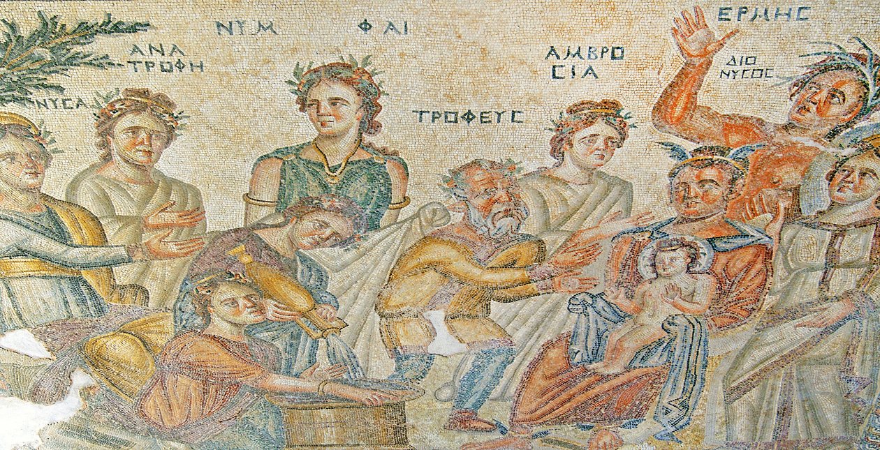 Představení malého Dionýsa Hermem Silénovi. Dům Aion, Pafos, Kypr (mozaika) od Roman