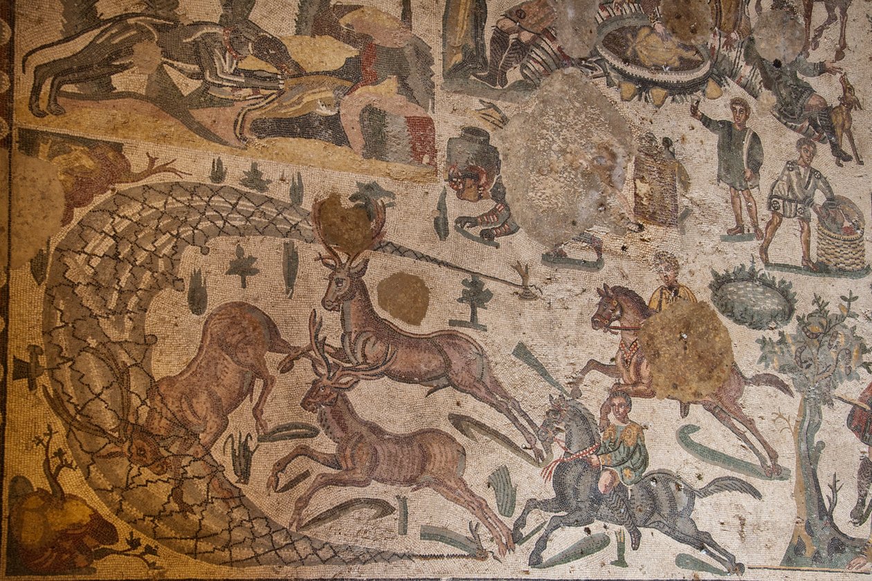Třetí pokoj soukromého bytu, podlahová mozaika, Villa Romana del Casale, Piazza Armerina, Sicílie, Itálie (foto) od Roman