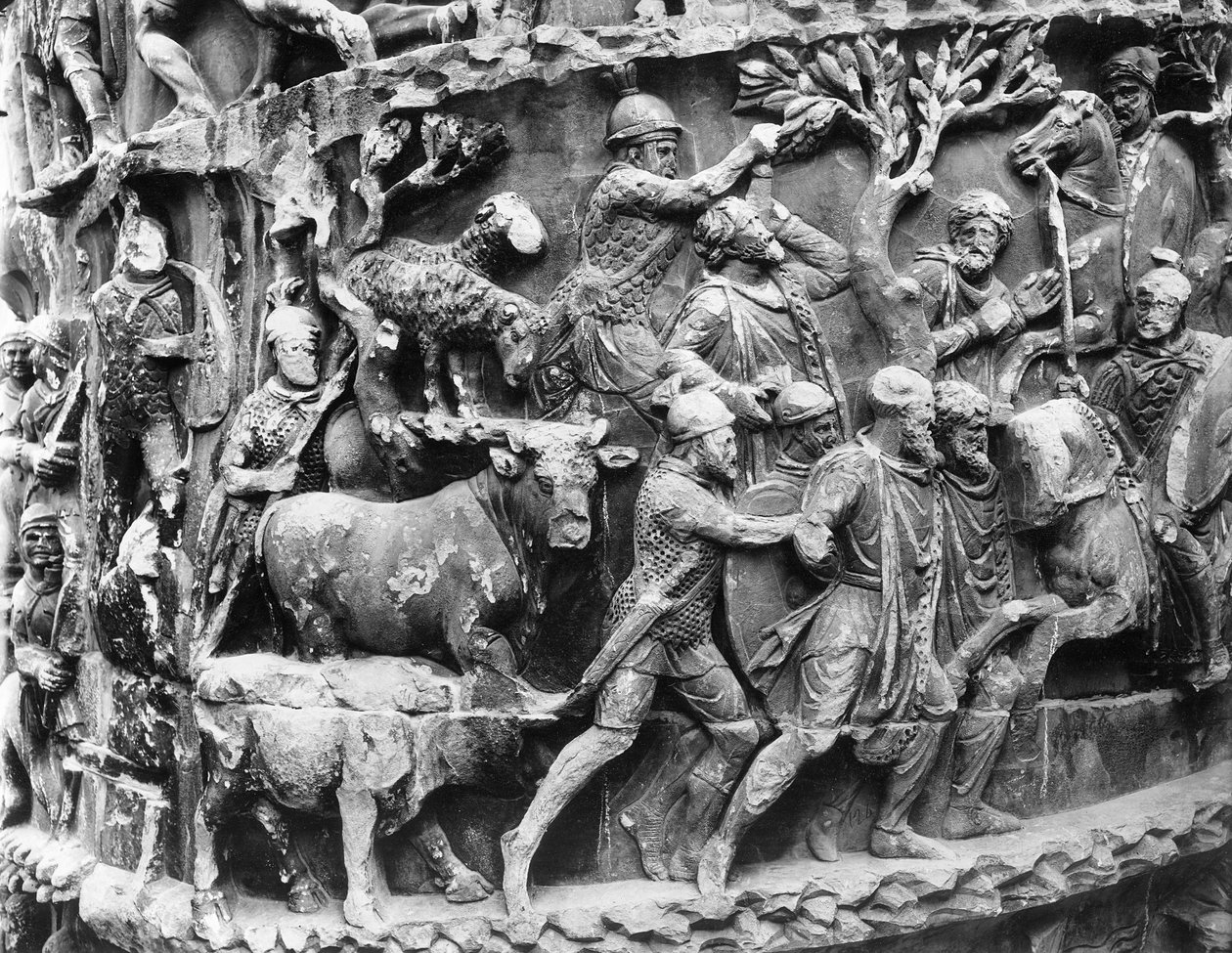 Transport německých zajatců a válečné kořisti, detail ze sloupu Marcus Aurelius (colonna Antonina) od Roman