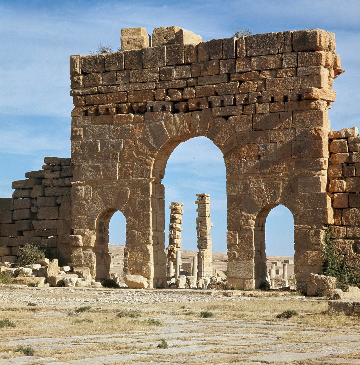 Pohled na archeologické naleziště Antoninovou bránou od Roman