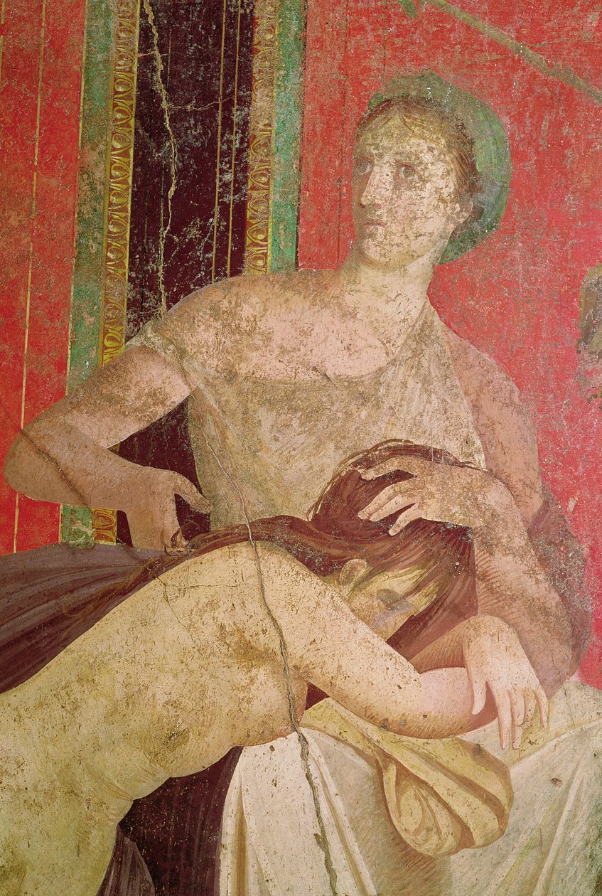 Žena utěšující zasvěcence, South Wall, Oecus 5, 60–50 př. n. l. detail fresky z let 57190 a 161043 od Roman