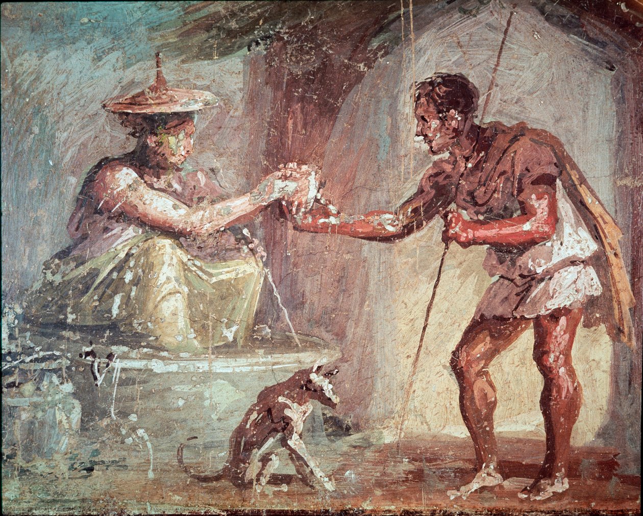 Žena nabízí pití poutníkovi (freska od Roman