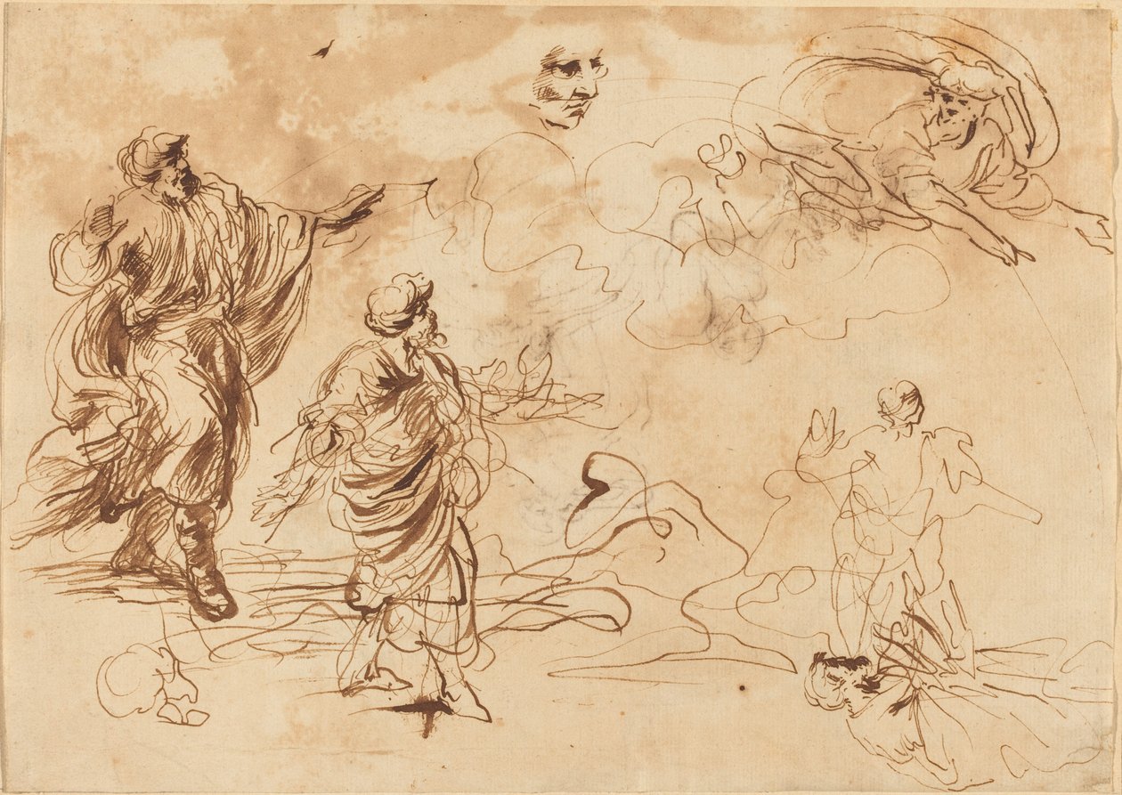 Studie pro biblickou scénu s Bohem Otcem zjevujícím se vousaté mužské postavě od Roman 17th Century
