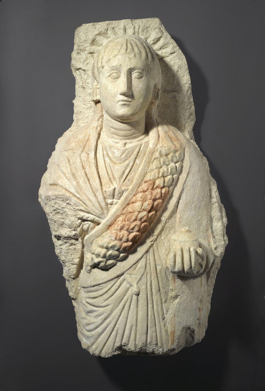 Pohřební postava ženy, nalezená v Oxyrhynchos, 3.-4. století (vápenec se stopami gessa a barvy) od Roman Period Egyptian