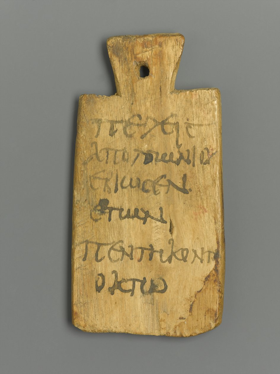 Mumie Tag s řeckým nápisem (dřevo a pigment) od Roman Period Egyptian