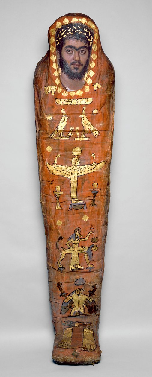 Mumie mladého muže s enkaustickým portrétem z El-Hibehu (lidské ostatky zabalené v plátně s malovanou dřevěnou deskou) od Roman Period Egyptian