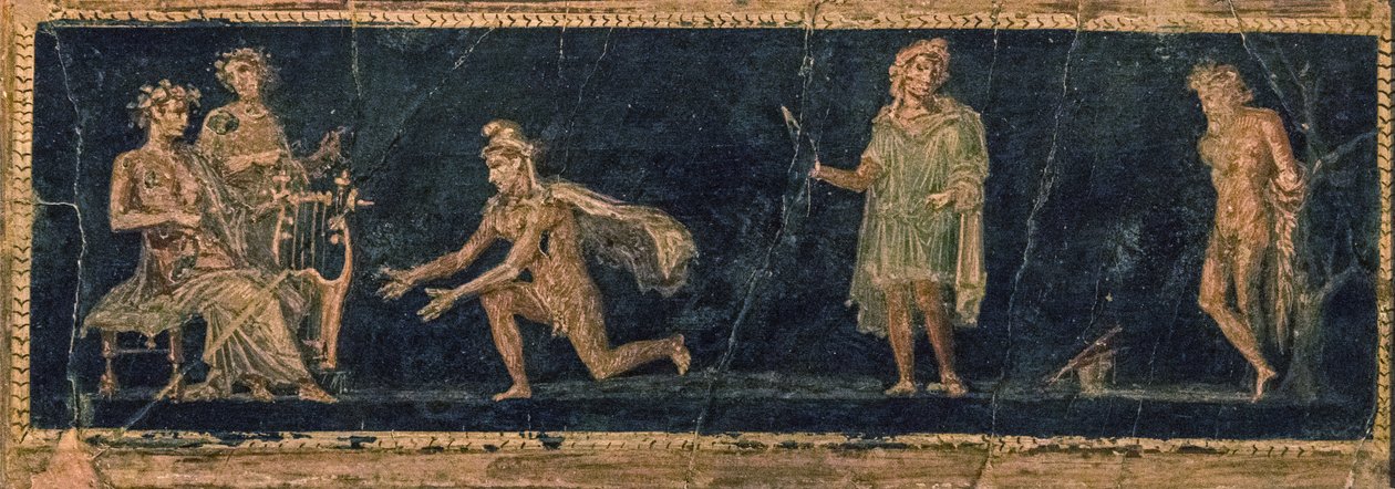 Hudební soutěž mezi Apollónem a Marsyasem, 1. století před naším letopočtem. INZERÁT. od Roman Pompeian wall painting.