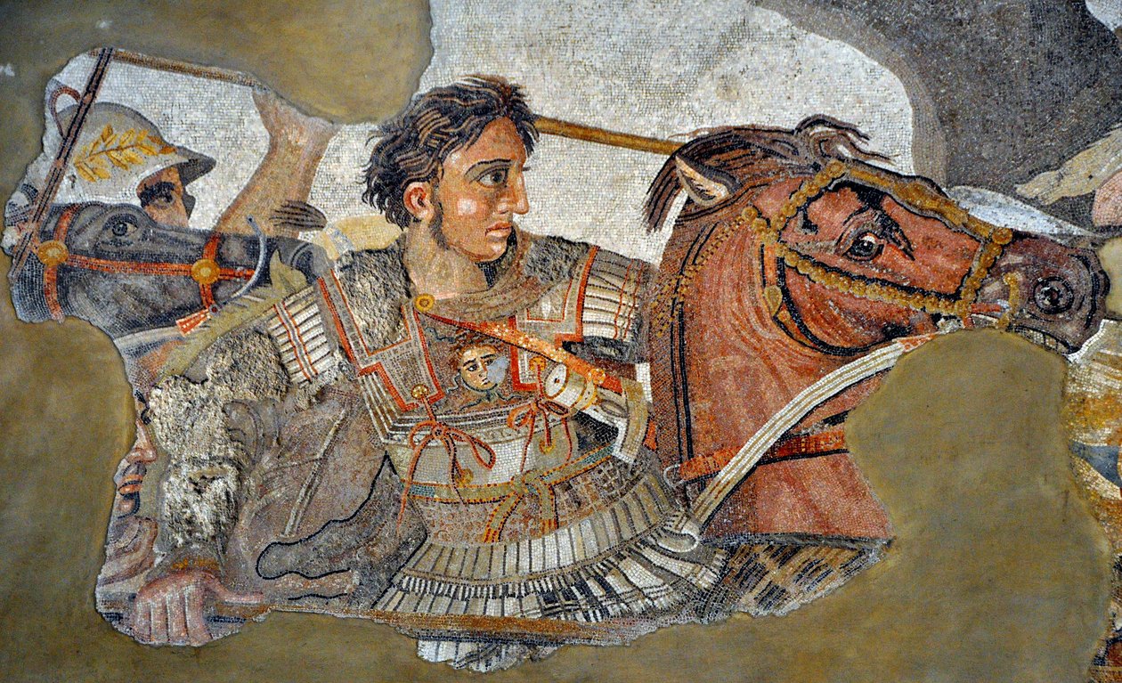 Aleksanteri Suuri (356 - 323 eKr.) hevosellaan Bucephale - yksityiskohta Pompejin mosaiikista: Issoksen taistelu Aleksanterin ja Dareioksen välillä (4. vuosisata eKr.). - opus vermiculatum - Musee Archeologique de Naples, Italia - Museo Archeologico Nazion od Roman Roman