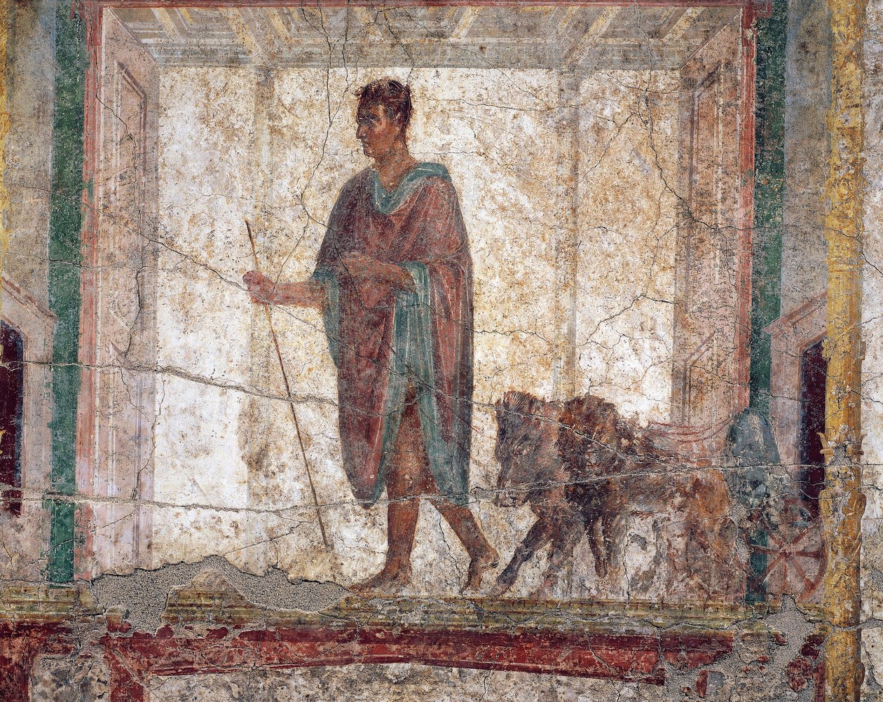 Starověká římská freska A.D.metus s kancem a lvem zapřaženým do vozu od Roman Roman
