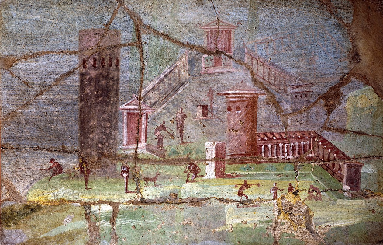 Starověká římská freska s krajinou z Pompejí od Roman Roman