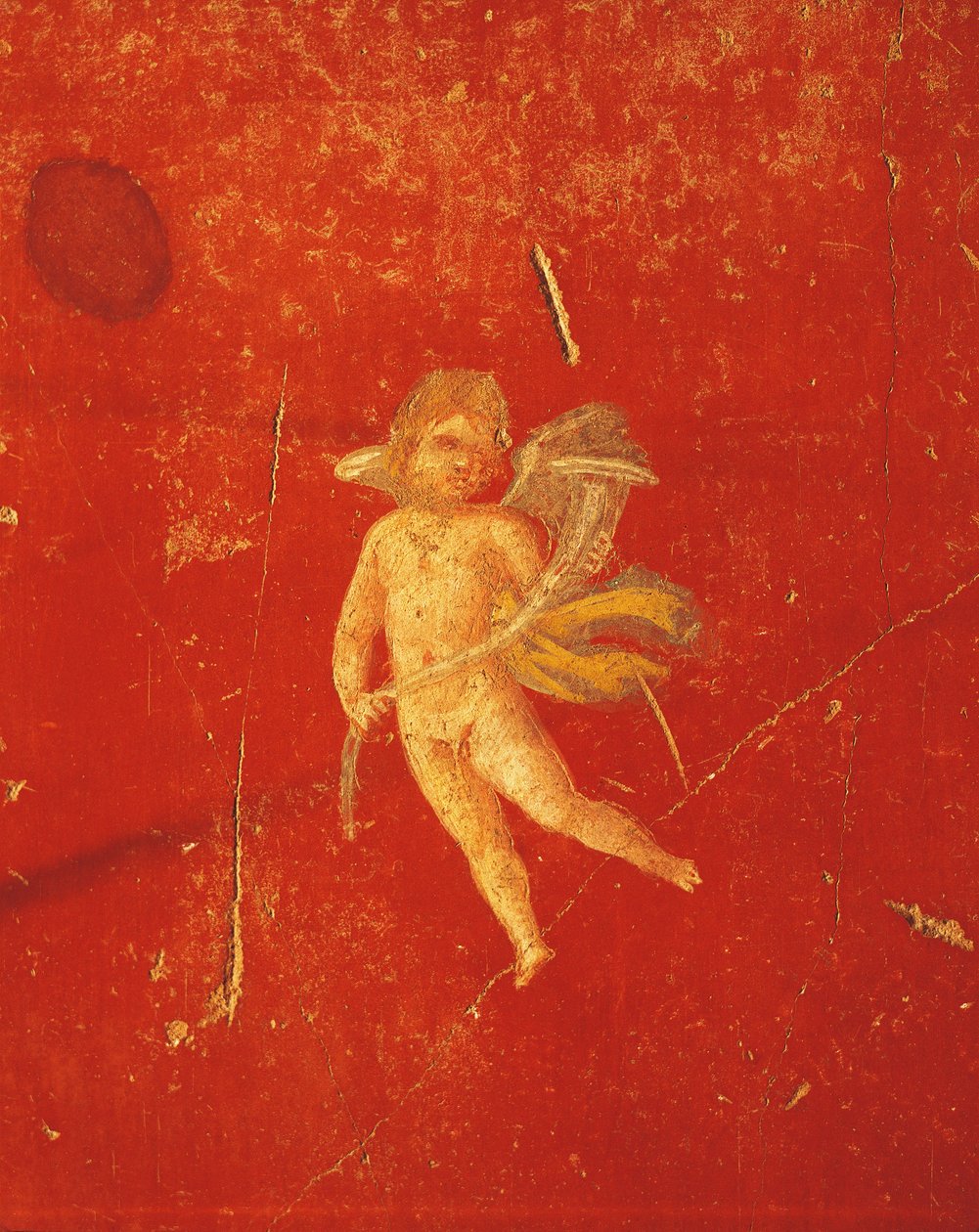 Cherubín v červeném pompejském pozadí, freska ve čtvrtém pompejském stylu, z domu Pinario Ceriale, Pompeje, Kampánie, římská civilizace od Roman Roman