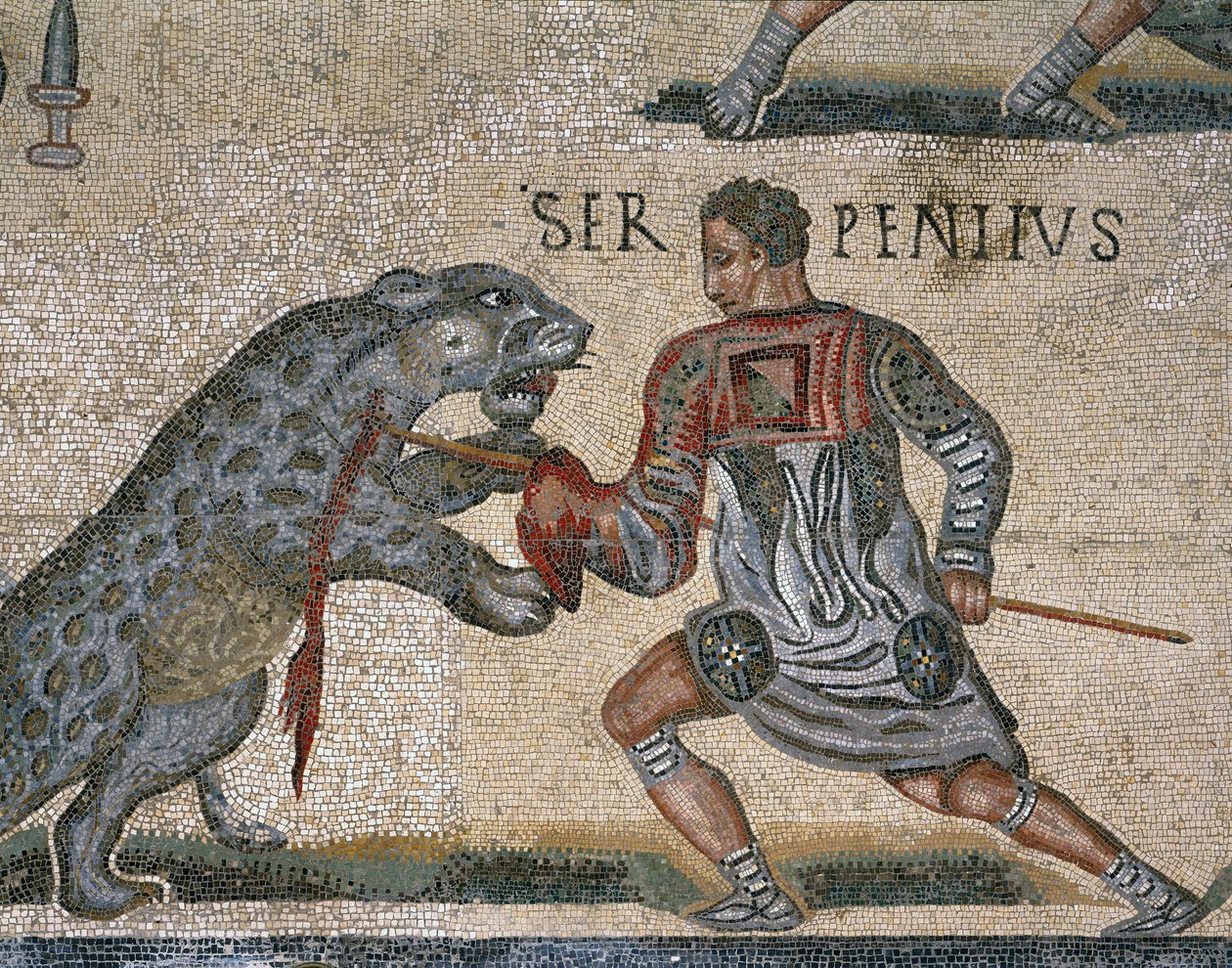 Detail mozaiky Gladiator Fight, původně z Torre Nuova od Roman Roman