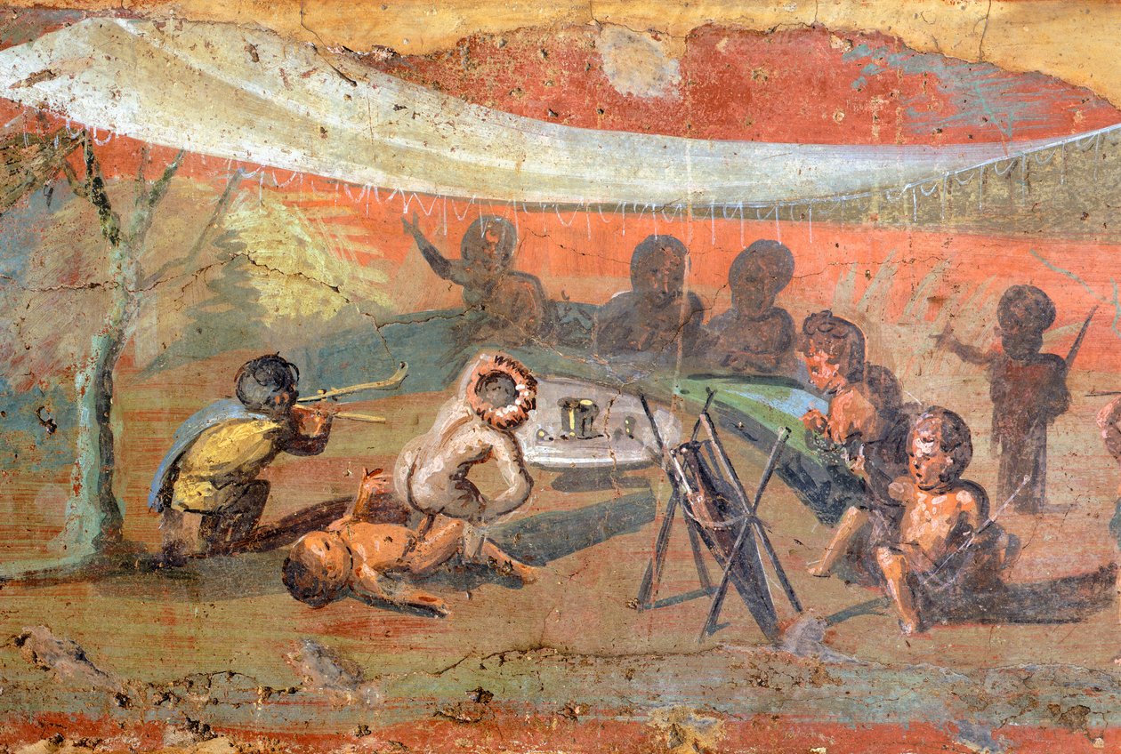 Detail malby znázorňující scénu na omítce podél Nilu s pygmeji, 56x217 cm, z Pompejí, na seznamu světového dědictví UNESCO od Roman Roman