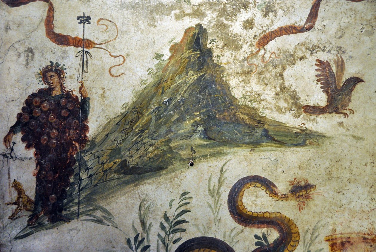 Dionysos vetu hroznů stojících před horou Vesuv - Freska z Pompejí, casa diel centenario (dům centenario) - Neapol, Národní archeologické muzeum od Roman Roman