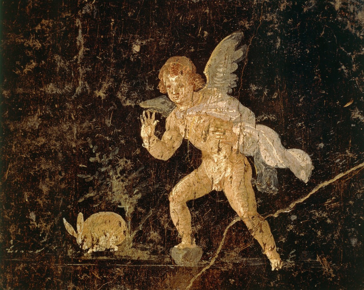 Freska zobrazující Cupida lovícího zajíce z Pompejí, provincie Neapol, Itálie, římská civilizace od Roman Roman