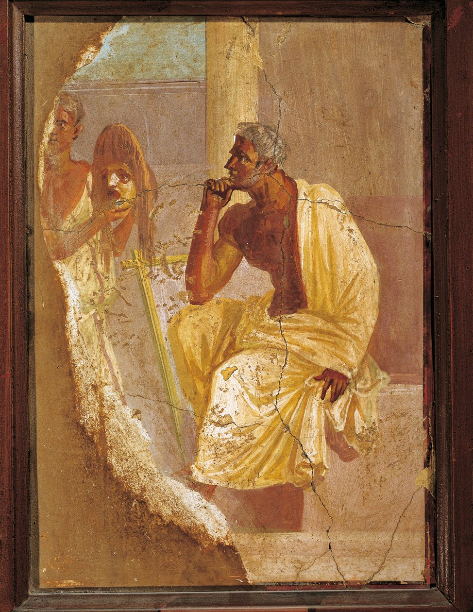 Freska zobrazující herce a tragickou masku, z Pompejí, Itálie od Roman Roman