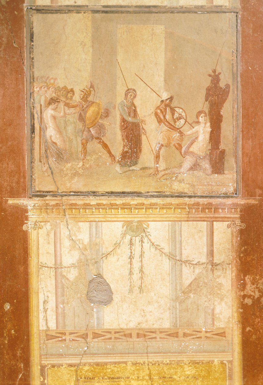Freska zobrazující setkání Priama, Menelaa a Heleny a Arisace honí Cassandru, z domu Menandrů, Pompeje, Kampánie, římská civilizace od Roman Roman